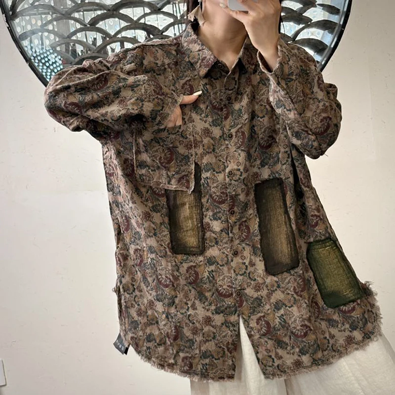 Masss Wasss Autumn Fashion Floral Tops Womens Vintage Classic Printed Patchwork Shirts Ladies Casual Streetwear Cotton Blouses