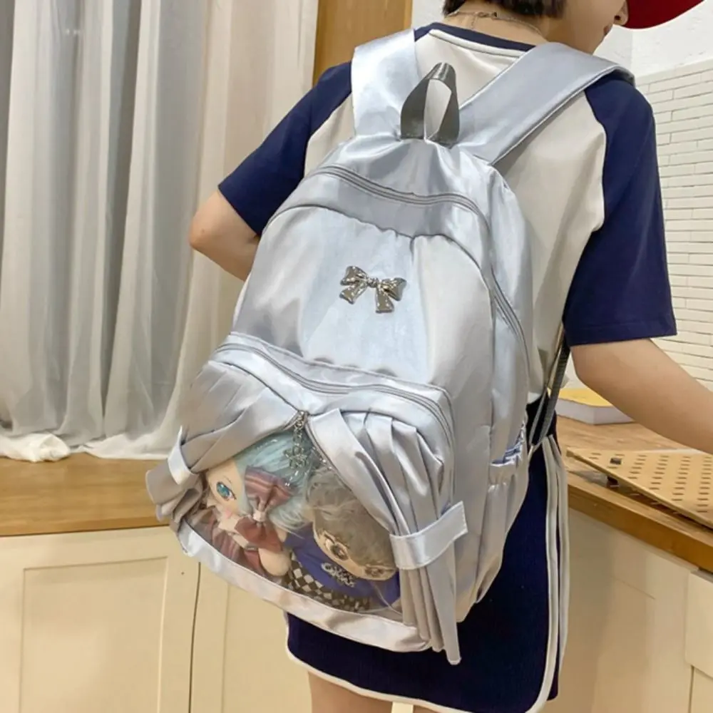 Large Capacity Transparent Pocket Curtain Backpack Clear Nylon Cotton Doll Itabag Bow Creative Badge Display Ita Bag Anime Expo