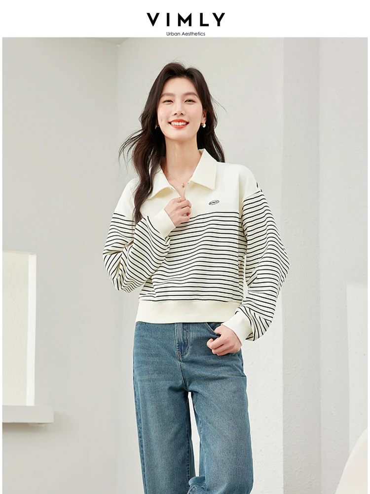 

Vimly Contrast Striped Half Zipper Short Sweatshirts 2024 Spring Polo Collar Casual Simple Loose Pullovers Women's Top 16601