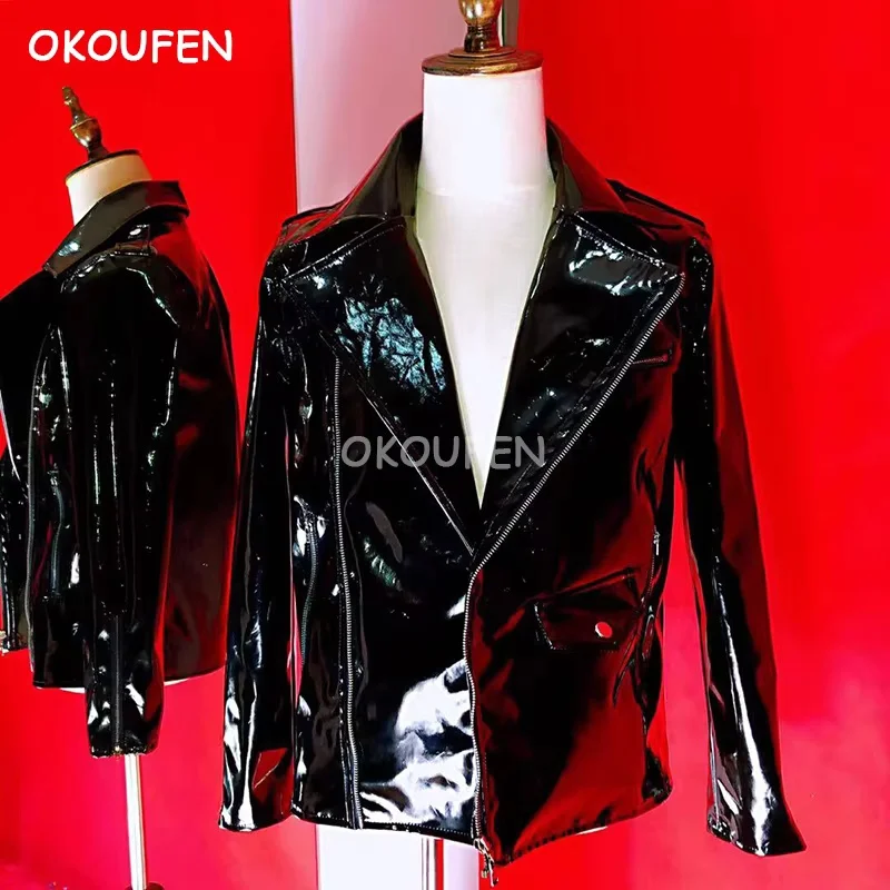 Men's Black patent leather Jacket motorcycle punk leather coat nightclub bar male singer dancer stage show performance costumes