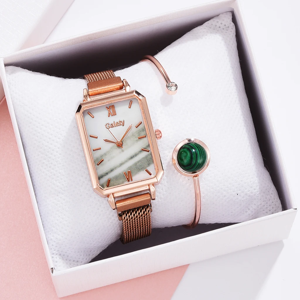 2 pz/set orologi da donna Fashion Square Ladies orologio al quarzo bracciale Set quadrante verde semplice orologio da donna in oro rosa con maglie di lusso