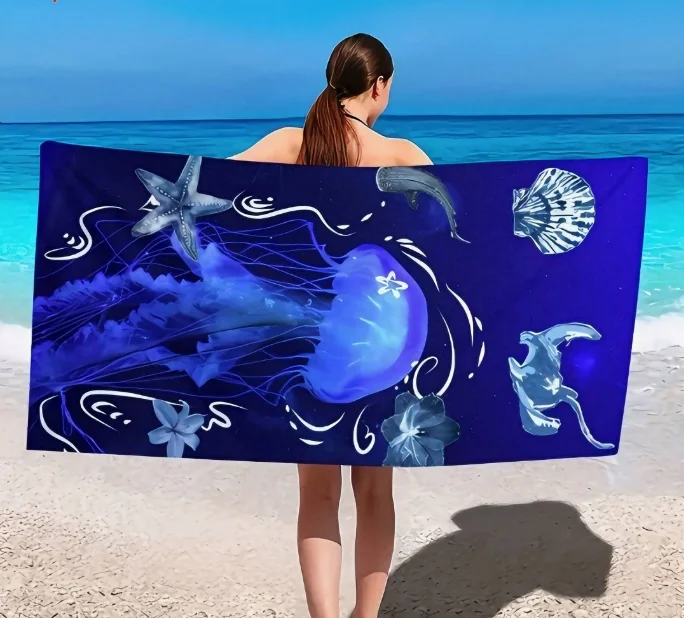 Dreamy Jellyfish Ocean Beach Towel, Microfiber Sand Free Quick Dry, Marine Life Print, Soft Absorbent