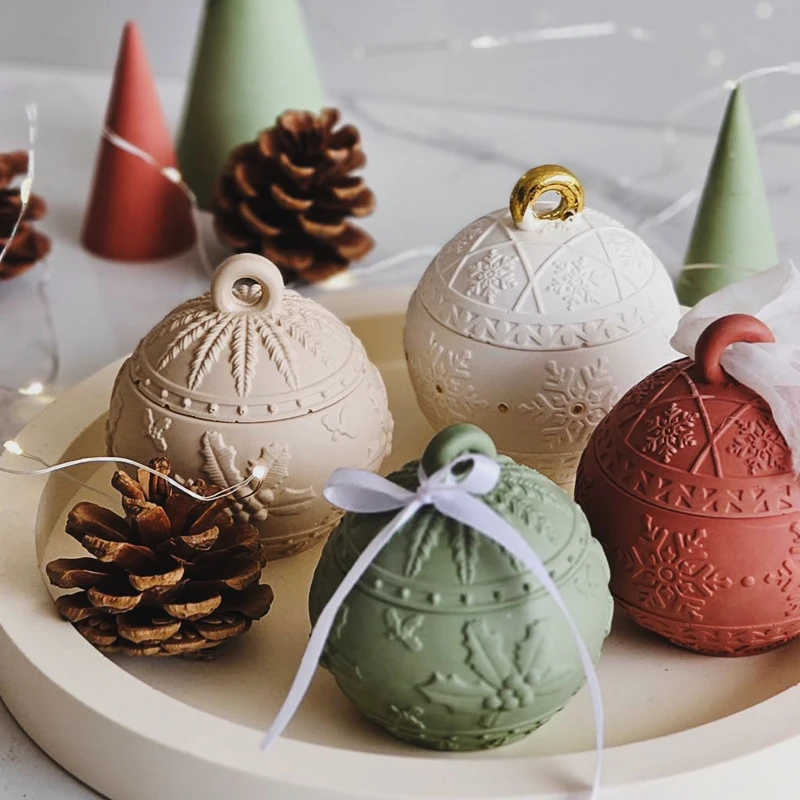Weihnachten Runde Kugel Kerze Glas Silikon Form mit Deckel Ball Relief Schnee Beere Gips Harz Süßigkeiten Lagerung Box Herstellung Formen
