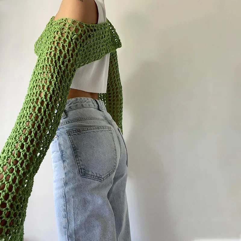 Green Knit Crop Top Women Mesh Long Sleeve T-shirt Beach Summer Fishnet Hollow Out Smock Crochet Sweater Y2k Tops Cover Up 2024