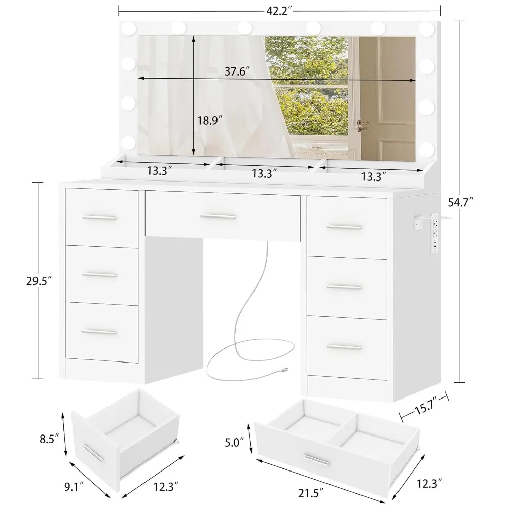 Vanity with Large Mirror and 12 LED Lights, Vanity Desk with 7 Drawers & Hairdryer Holder, Makeup Vanity Desk with, Custom
