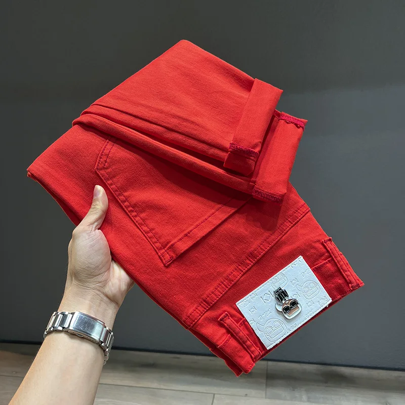 Red Jeans Herren bestickt bedruckt Street Trend schöne Mode Stretch Slim Fit lässig coole Röhren hose