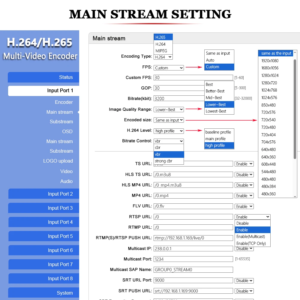 Encodeurs de streaming en direct IPTV avec UDP, HLS, RTMP, RTSP, SRT, ONVIF, 8 canaux, HEVC H.264, HD, HDMI vers IP