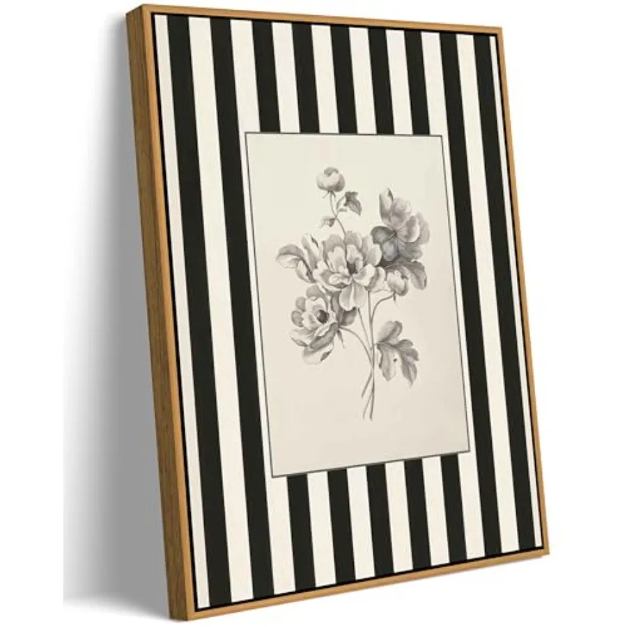 

Yellow Framed Stripes Canvas Wall Art Black White Striped Floral Painting Decor Pictures Vintage Sketch Orchid Bedroom Living P