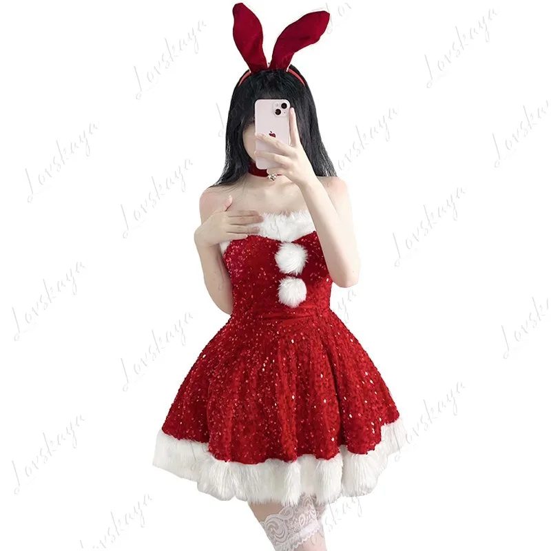 

Christmas Decoration Sequin Adult Christmas Clothes Strapless Christmas Costume Set