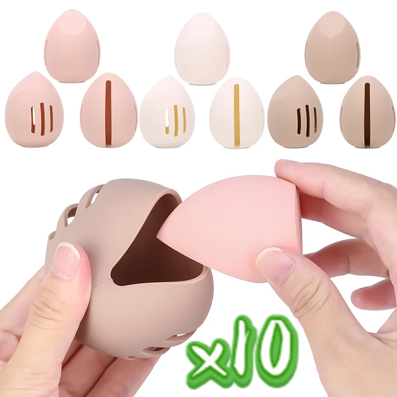 

10Pcs Silicone Cosmetic Egg Storage Case Milk White Khaki Pink Easy To Clean Maintain Soft Breathable Makeup Egg Organizer Tools