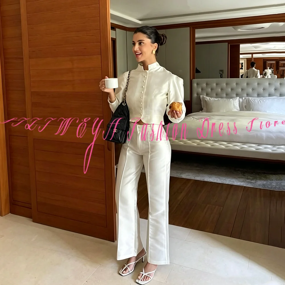 Luxury White Satin Suit For Women 2 Pieces Set Smart Casual Chic Office Female Outfit Jacket+Pants Trajes De Mujer Elegante