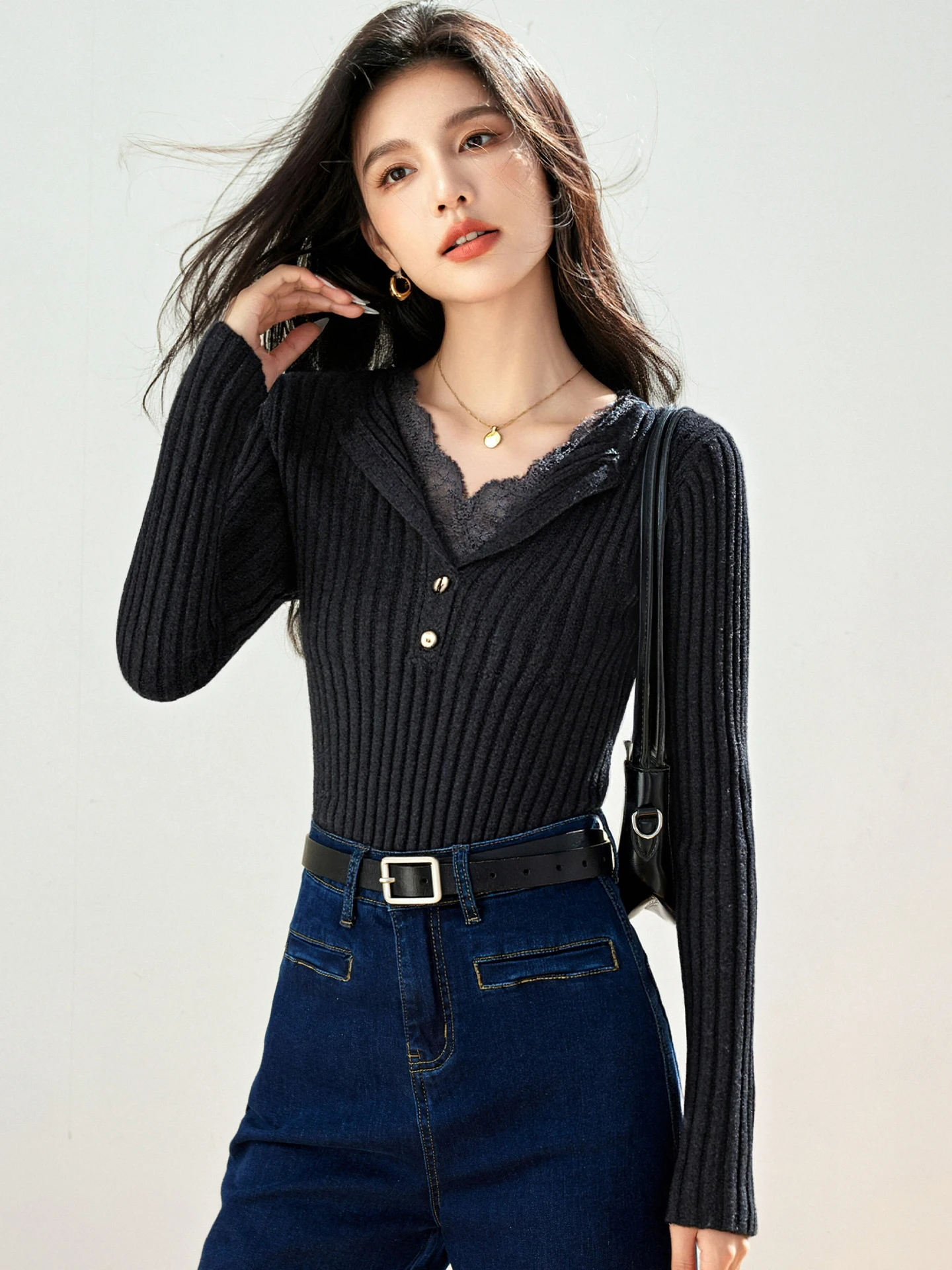 سترة محبوكة مرقعة من الدانتيل للنساء للخريف والشتاء بتصميم زر تحسس وطبقة قاعدة على شكل حرف V #4