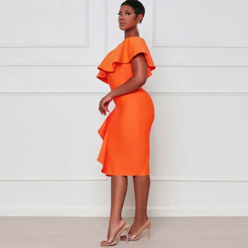 GUWU Ruches Splicing Een Schouder Skew Hals Bodycon Vrouwen Jurk Sexy Party Clubwear Bandage Midi Knielengte Jurken