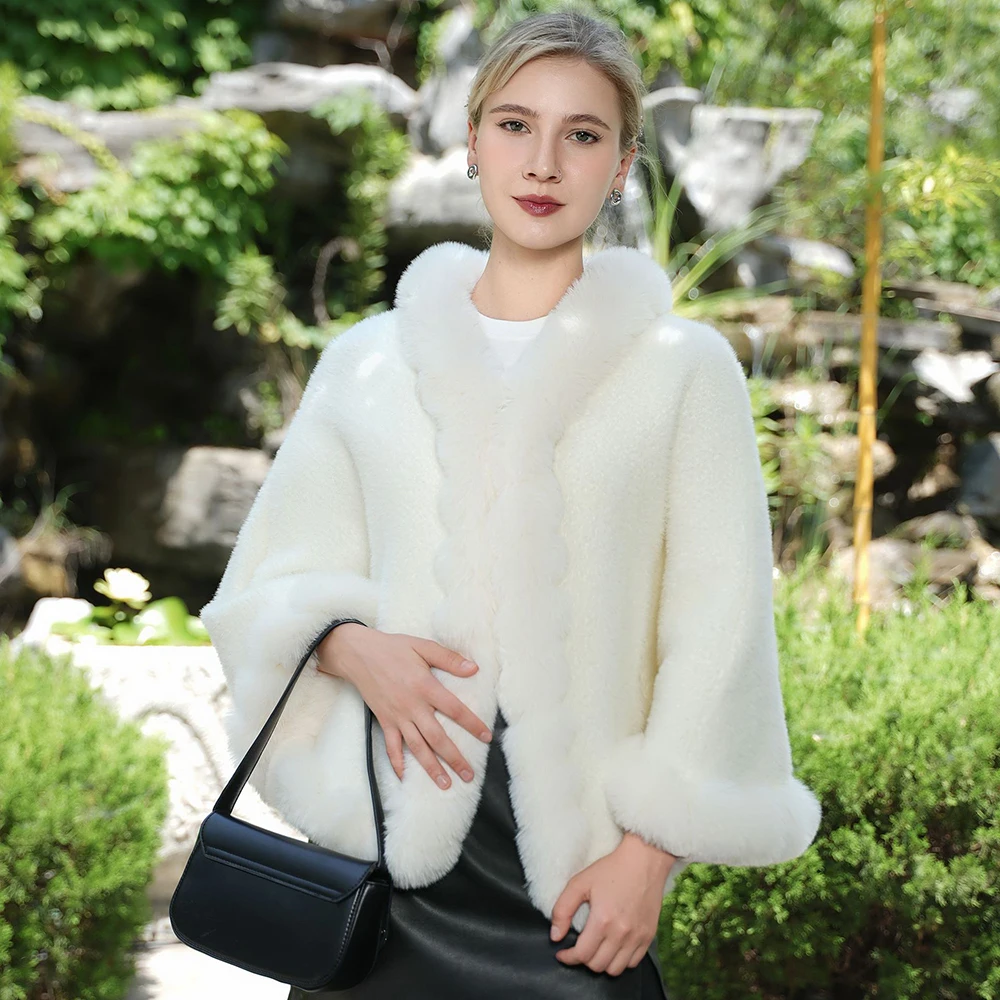 

Luxury Elegant Handcraft Wavy Faux Fur Trims Cape Soft Mink Wool Shawl Wedding Party Dress Poncho Autumn Winter Women Gift