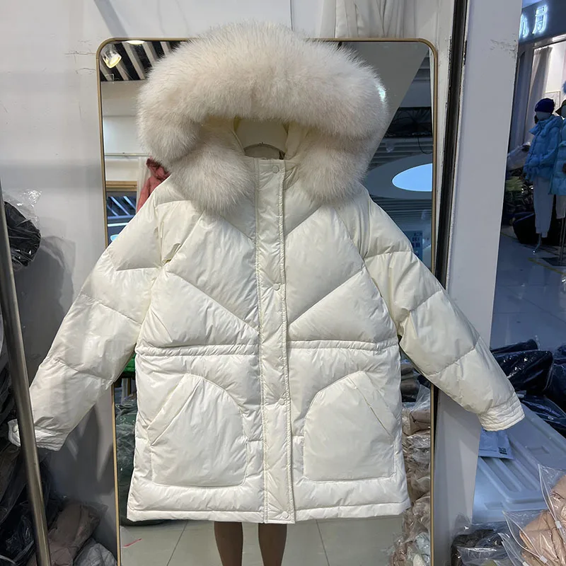 Chaqueta con capucha para mujer, abrigo de plumón de pato blanco, holgado, con cuello de piel de zorro Real, de lujo, cálido, para invierno, 2022, novedad de 90%