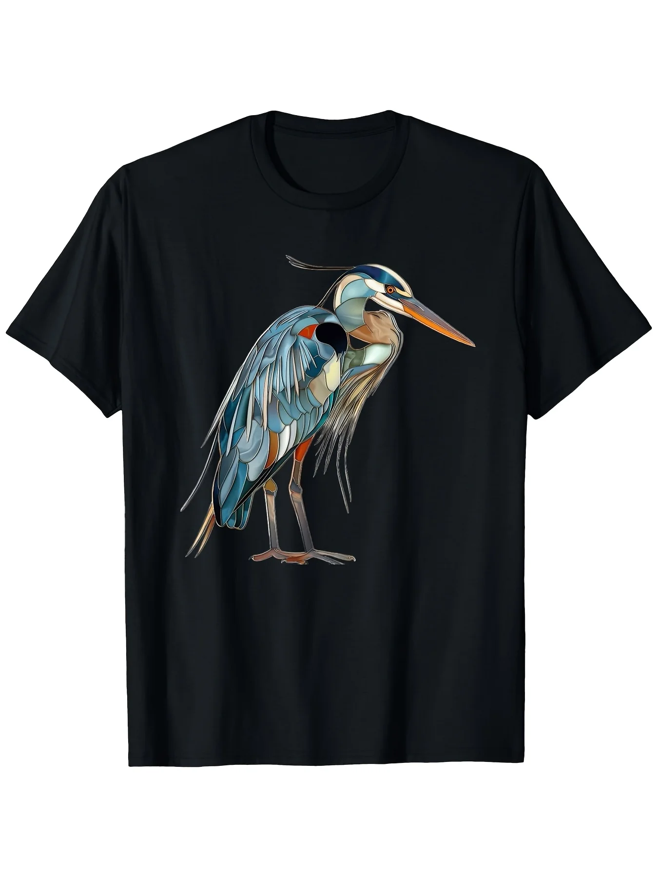 Men's Unisex Blue Heron Colorful Glass Print T-Shirt, Casual Round Neck Short Sleeve T-Shirt, Blue Heron Design, Versatile Clothing, Artistic Design, Comfortable Vintage Machine Washable