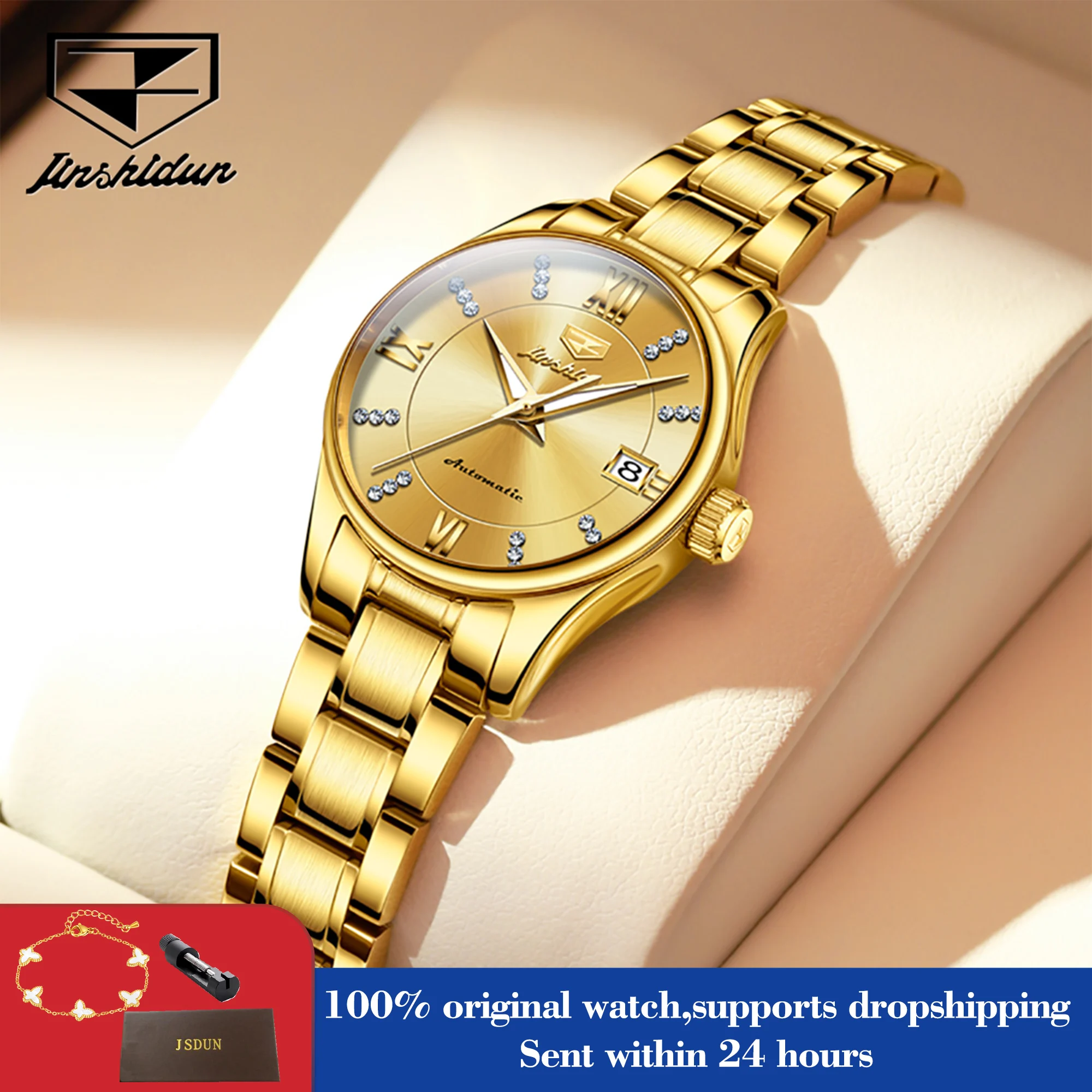 

JSDUN 8933 Auto Date Mechanical Watch For Women Luxury Stainless Steel Diamond Woman Watches Deep Waterproof Business Hand Clock