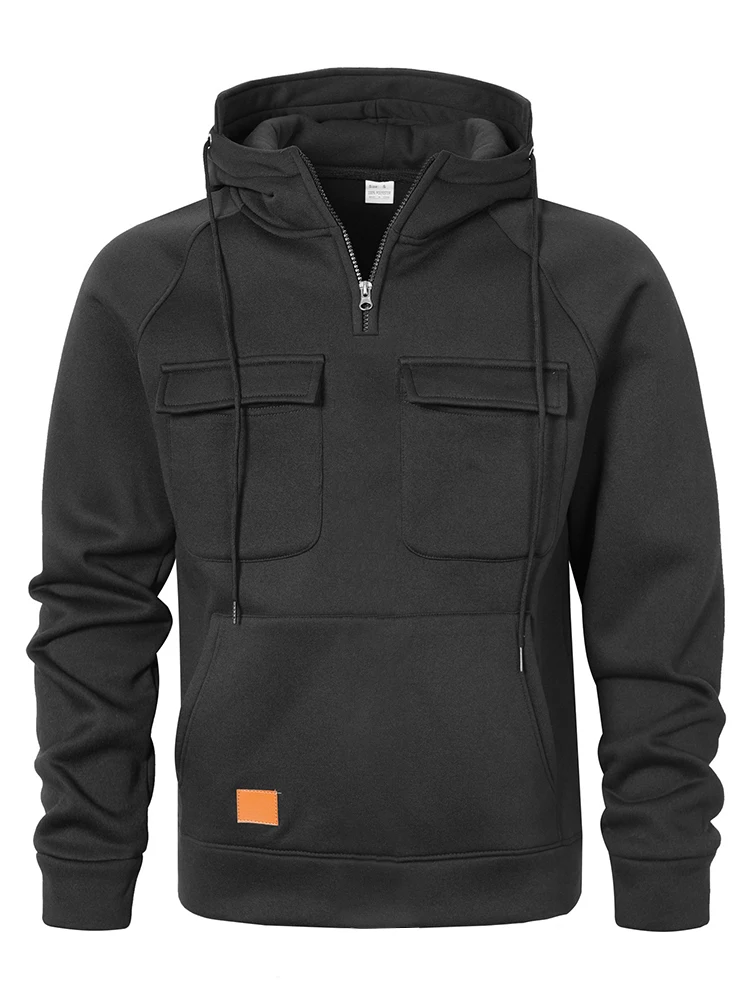 Autumn Winter Retro Hoodies Men Solid Color Multi-Pocket Pullover Sweatshirts Plus Size Loose Fleece Hooded Sweatshirt for Men