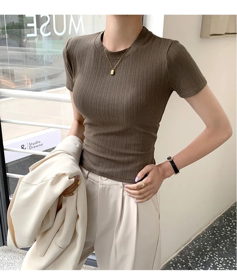 Sommerliches neues Damen-Rundhals-T-Shirt, gestricktes Kurzarm-Oberteil, lässiges Allround-T-Shirt, gestreiftes Basic-Shirt, schmal geschnitten, atmungsaktiv – Detail 23