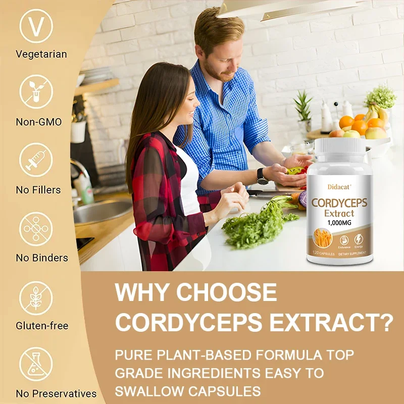 Organic Cordyceps Capsules, 1000 Mg Per Serving, Energy and Stamina Support, Vegan, Non-GMO, Gluten-Free