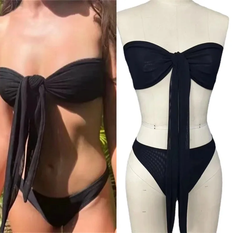 Letnie, prześwitujące, ale nieprześwitujące bikini plażowe, bikini na ramiączkach, które pozwalają na opaleniznę, modne damskie, jednokolorowe, wysoce elastyczne stroje kąpielowe.