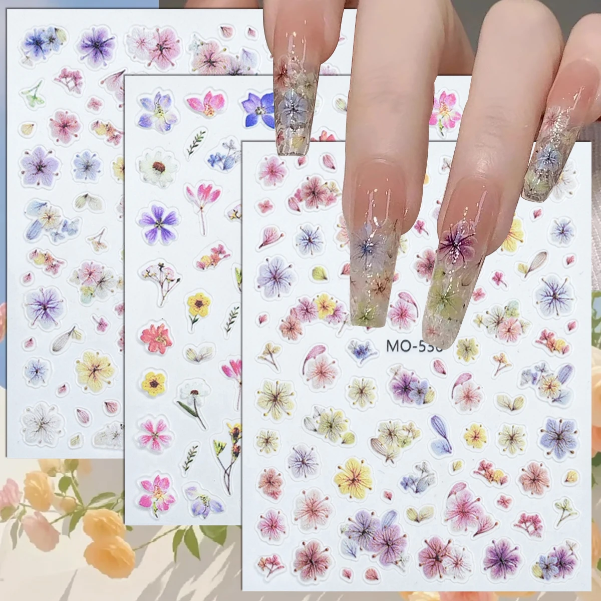 3 bis 12 Blatt 5D Aquarell-Blumen-Nagelaufkleber Rosa Lila Blüten Florale Nagelsticker Frühling Selbstklebende DIY-Maniküre