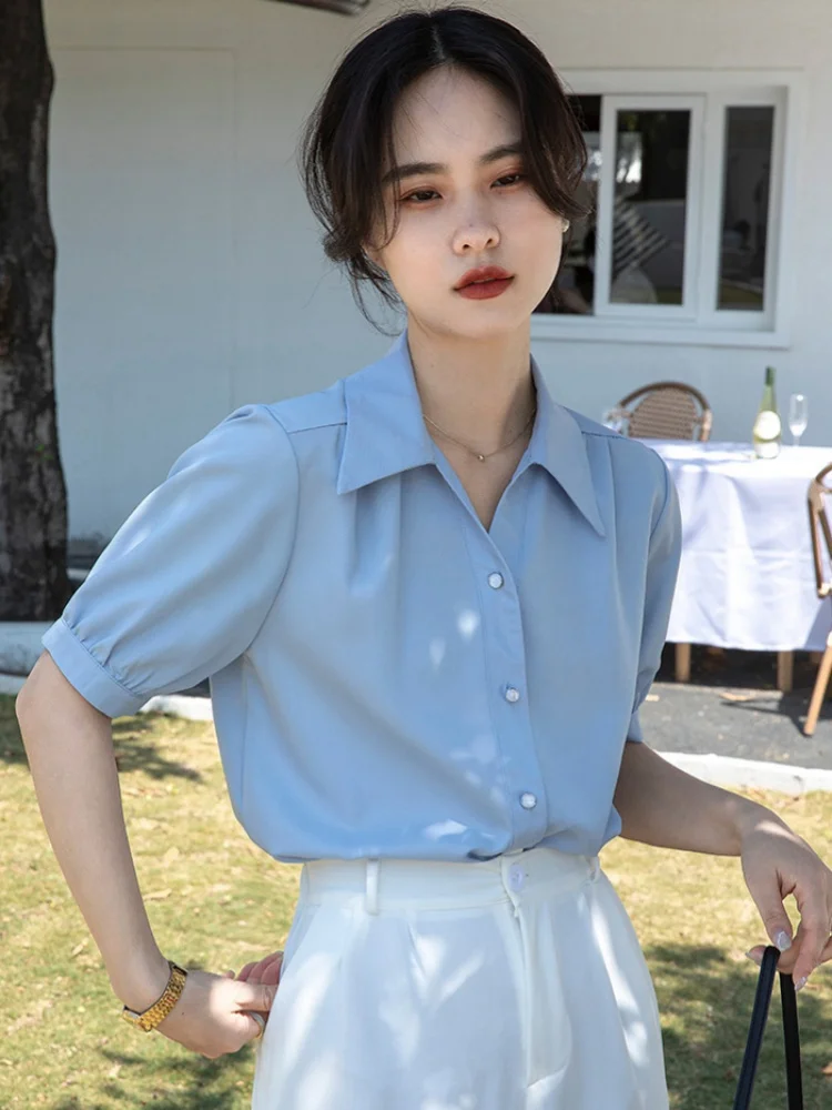 Summer Women's Short Sleeve Chiffon Shirt Loose Bubble Sleeve Top Polo Collar Single Breasted Casual Shirt