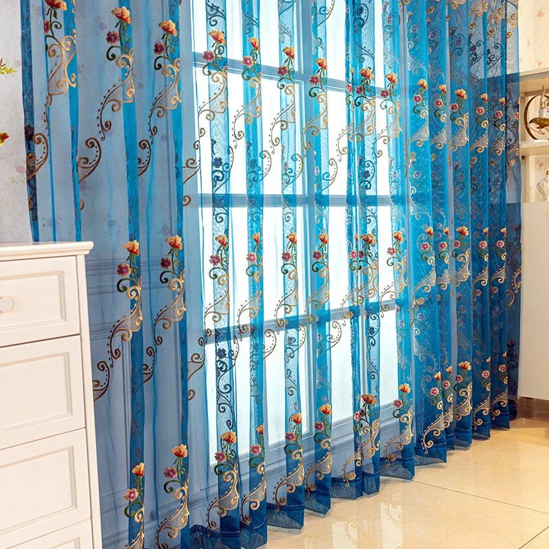 Korean Style Countryside High-end Embroidered Blue Transparent Gauze Curtains For Luxury living Room Bedroom Window Curtains