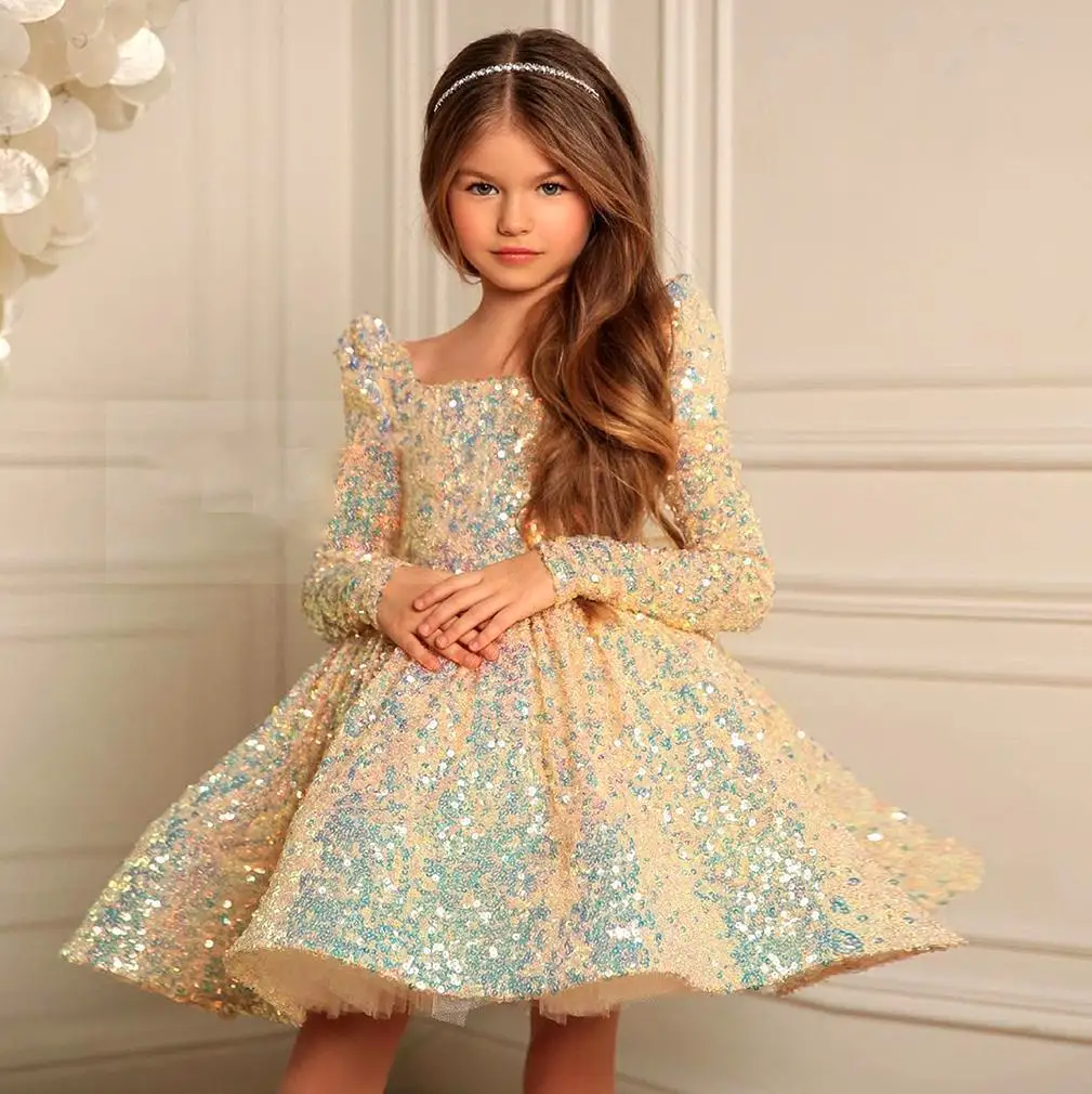 

Princess Dress Puff Skirt Christmas Sequin Dress Long-sleeved Dress Girls Children Sweet Cute Fashionable Comfortable