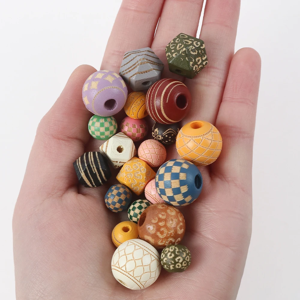 Natural Wood Beads 1pcs Loose Colored Wooden Beads Carved Decorative Pattern Round Balls Beads For Jewelry Making DIY Accessory