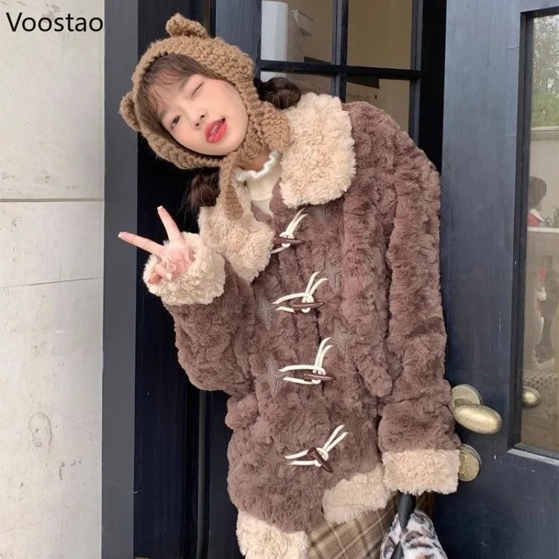

Осень-зима Kawaii куртки из искусственного меха женские милые Y2k пуговицы свободные плюшевые теплые пальто корейские девушки уличная одежда милые пальто топы