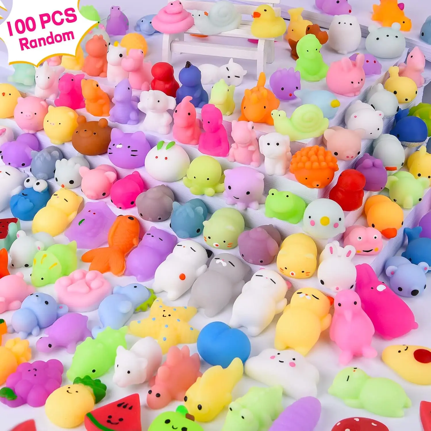 

100PCS Kawaii Squishies, Mochi Squishy Toys for Stress Relief and Party Favors with Storage Bag