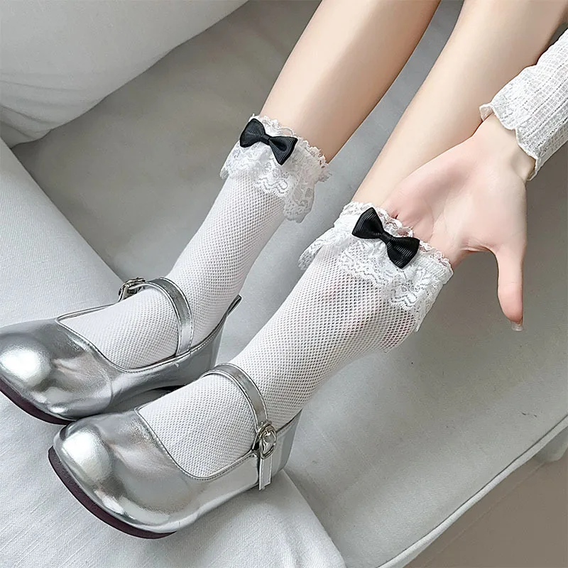 

Женские носки Kawaii Bow Sweet Girls Лолита Кружевные носки с рюшами Женские ажурные сетчатые тонкие дышащие однотонные черные, белые носки