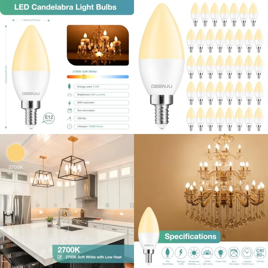 

LED Candelabra Light Bulbs W Equivalent, Chandelier Light Bulbs Soft White 2700K, E12 LED Bulb, Type B Light Bulb 5.5W, Candela