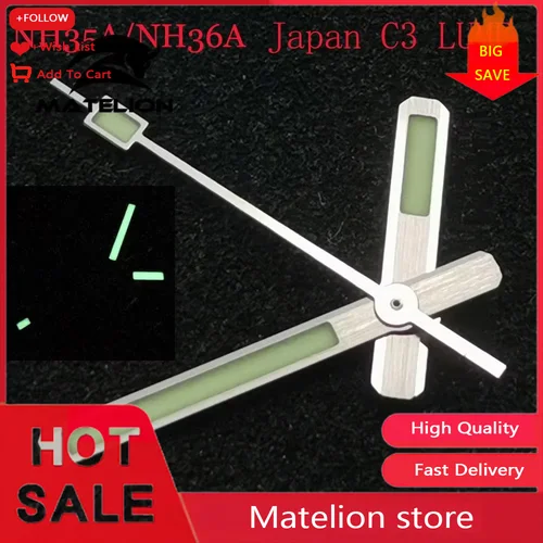Manecillas de reloj japonesas C3 Super Lume, manecillas tridimensionales luminosas verdes aptas para movimiento 62mas NH35 eta 2824 NH36 4R35 7029