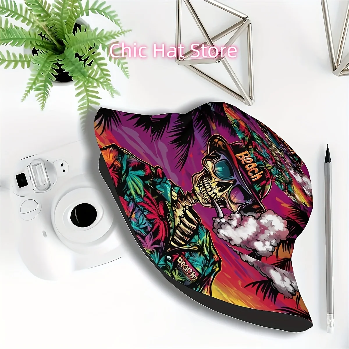 1pc Funky Skeleton Beach Sunset & Palm Trees Printed Bucket Hat - Unisex Summer Sun Hat for Outdoor Golf, Fishing, Hiking, Vacat