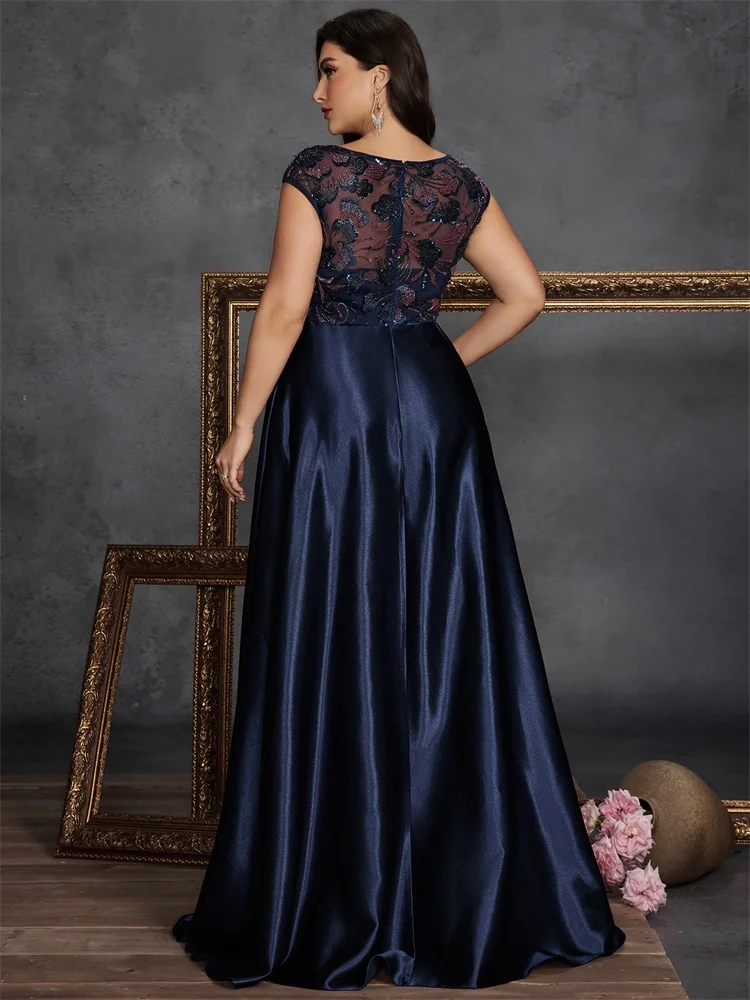 Plus Size O-neck Elegant Sequins Splicing Evening Dresses Luxury Sleeveless Satin Wedding Party Prom Cocktail Gowns