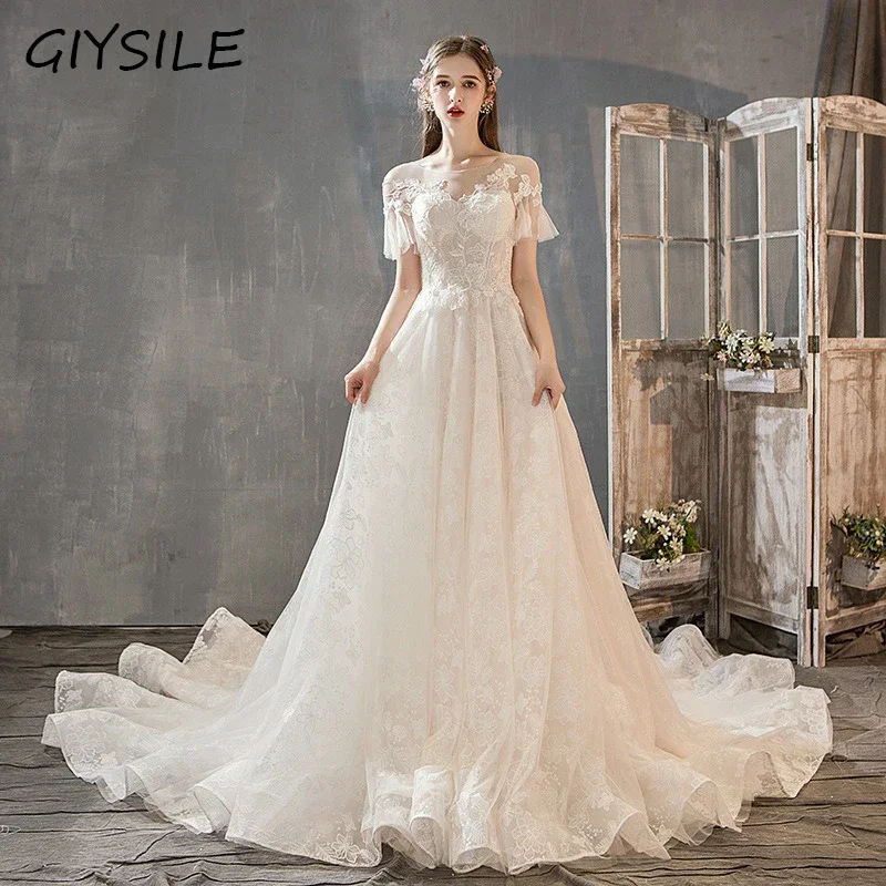 GIYSILE Princesa O-pescoço Uma Linha Pagoda Manga Renda Apliques Vestido de Noiva Vestidos de Casamento para Mulheres Boho Vestido de Noiva Vestido Branco