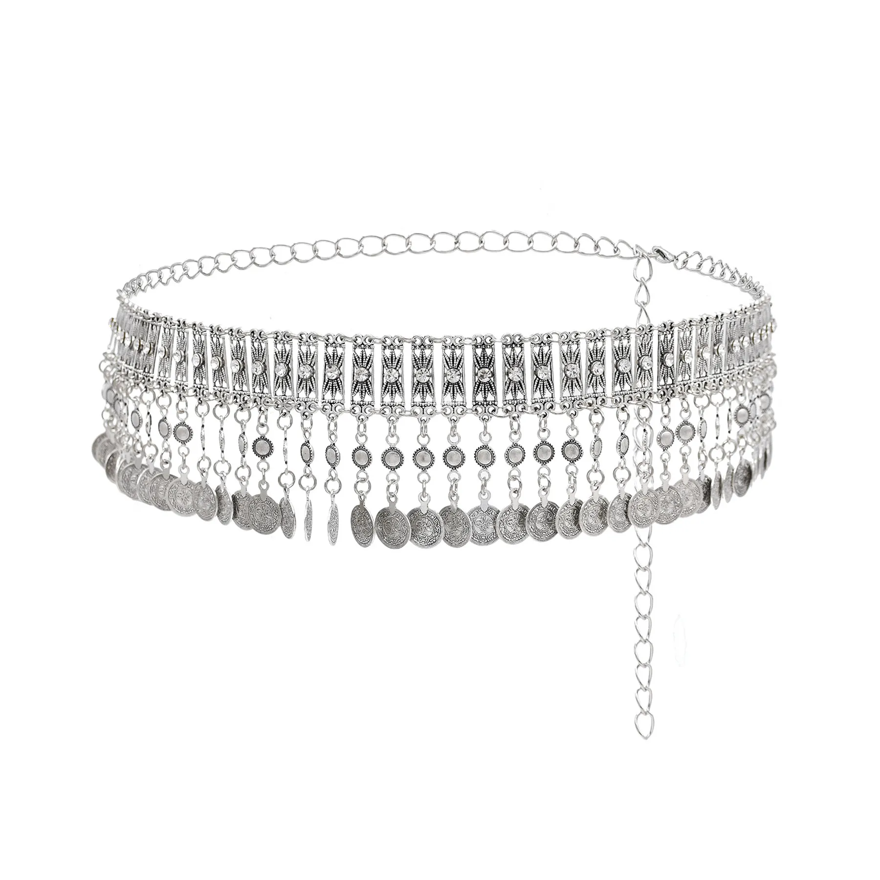 

Silver Rhinestone Coin Tassel Waist Chain Dancing Adjustable Body Belt Chain for Women Girls Jewelry Birthday Party Gift