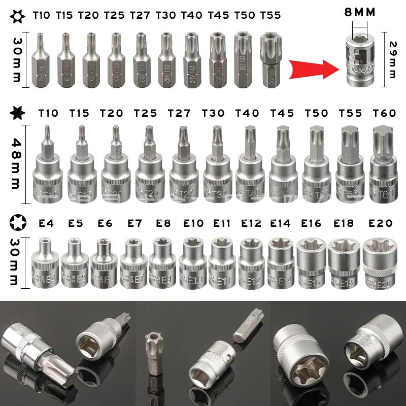 34Pcs Sockets & Bit Set Male / Female E-Security Bits Drive Handheld Tool Torque Star Socket Chrome Vanadium Steel