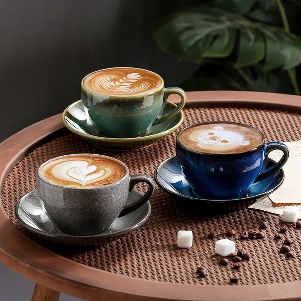 Ceramic Retro Kiln-turned Coffee Cup Cappuccino Latte Fancy Embossed Art Latte Art Cup  Tea Cup and Saucer Set 300ml Cafe home