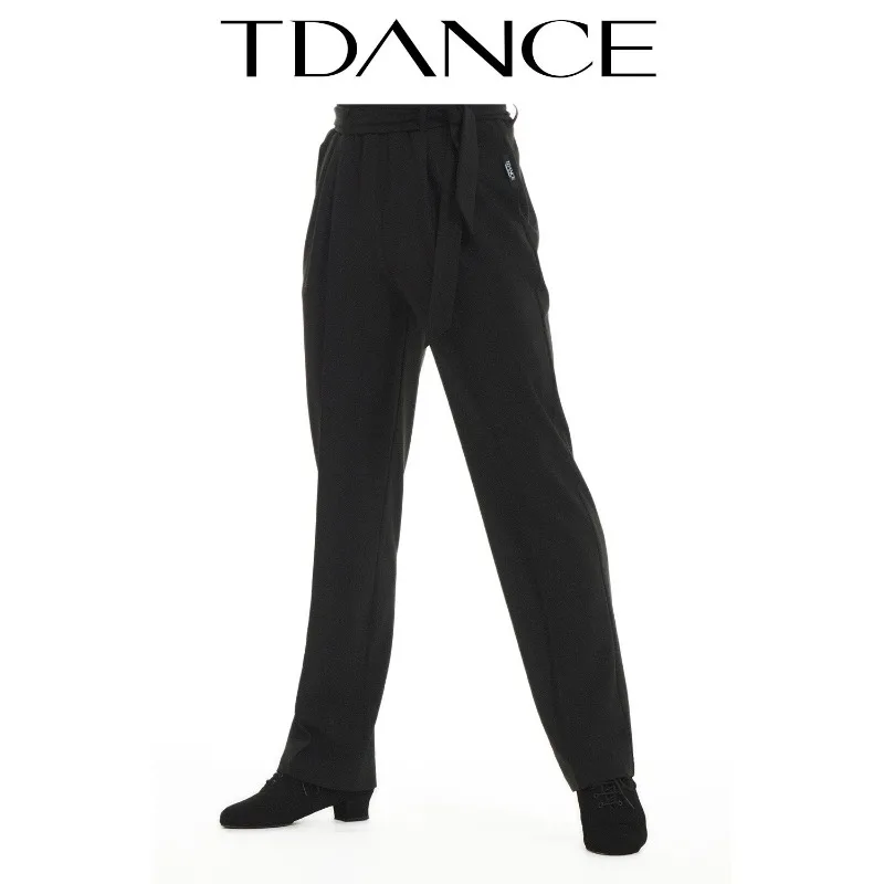 customized TDANCE Latin Practice Sports Straight Tube Micro Retractable Foot Rubber Pants with Waist Belt Hanging Straight BK-03