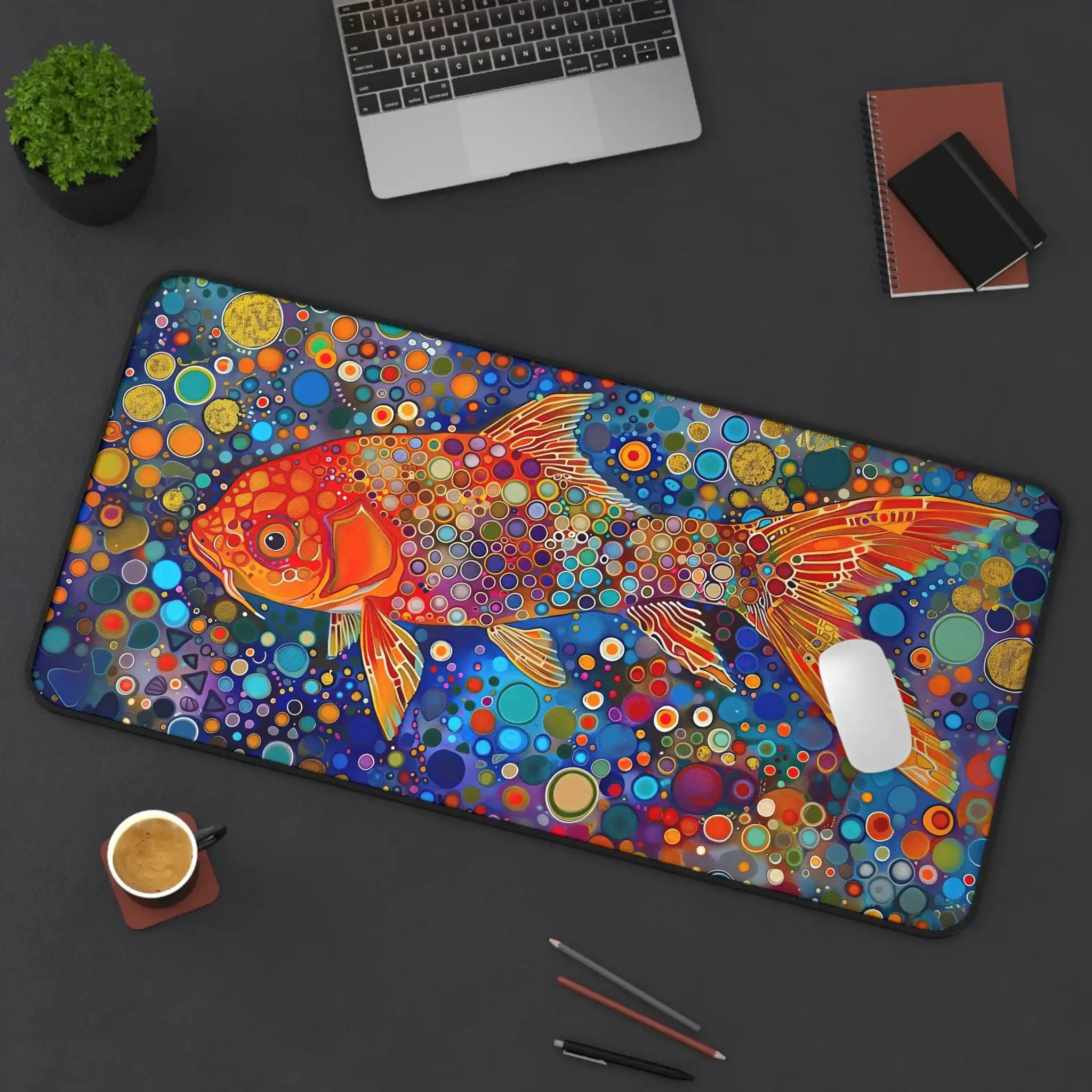 

Colorful Dot Art Goldfish Mousepad,featuring A Goldfish Presented with Intricate Kaleidoscopic Dot Art,gift for Goldfish Lovers.