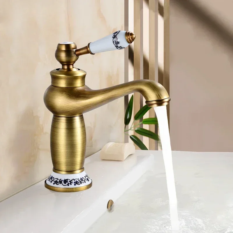 Antique All-copper Basin Faucet Toilet Bathroom Cabinet Under Counter Basin Hot and Cold Splash-proof Faucet