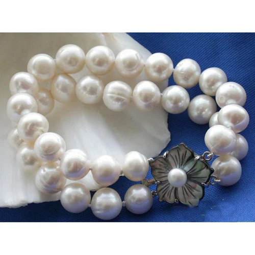 

Favorite Pearl Jewelry,2 Row 11-12mm White Freshwater Cultured Pearl Bracelet,Shell Flower Clasp,Charming Wedding Lady Gift