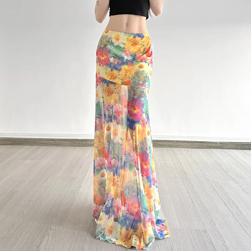 Y2K Oil Painting Skirt Summer Colors Halo Printing Mesh Wrap Hip Dopamine Vacation Style Slimming Beach Skirt