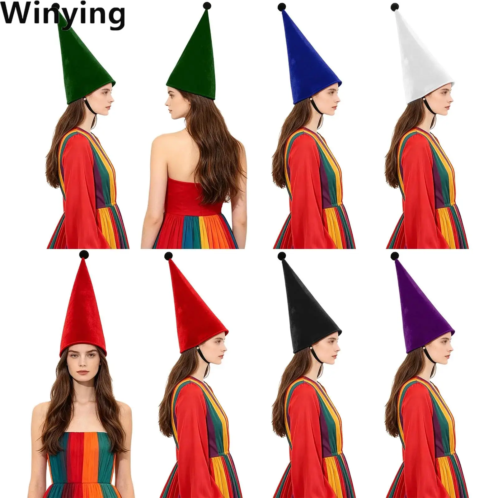 Adult Velvet Pointed Cone Hat Dwarf Elf Cap Headwear for Halloween Cosplay Christmas Theme Party Masquerade