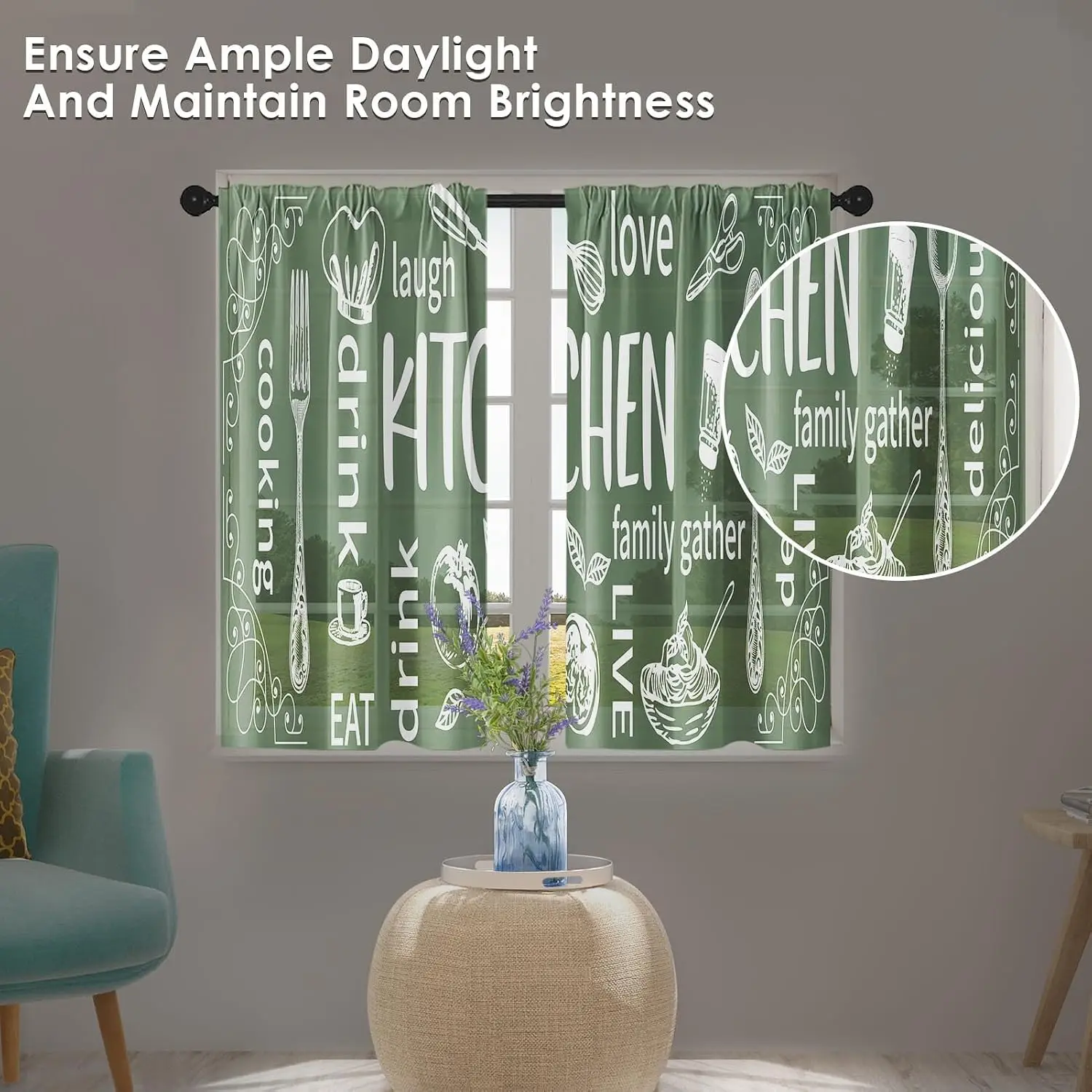 Aesthetic Kitchen Curtain Pair Green Family Gathering Window Treatment Love Cooking Decor Modern Dining Room Window Curtains