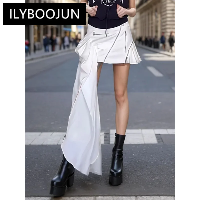 

ILYBOOJUN Solid Spliced Zipper Irregular Skirt For Women High Waist Asymmetrical Patchwork Pocket Drsigner Skirts Female New