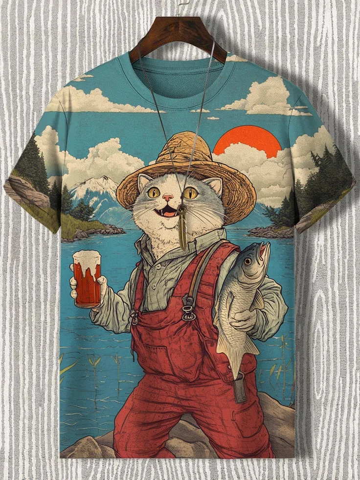 الحيوان القط المطبوعة تي شيرت قصيرة الأكمام مضحك تيز القمم ثلاثية الأبعاد طباعة س الرقبة بلايز حفلة الصيف ملابس للرجال عادية تأثيري تيز